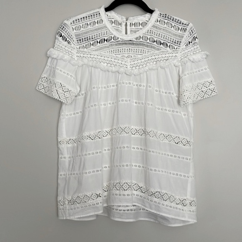 Sea Lace Fringe Short Sleeve Top Sz XS-S